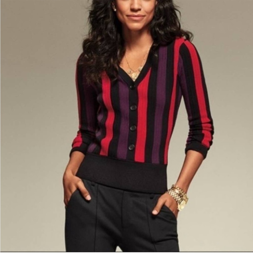 CABi Womens Sweater Black Stripe Royal Pullover Multicolor V-neck Size Medium